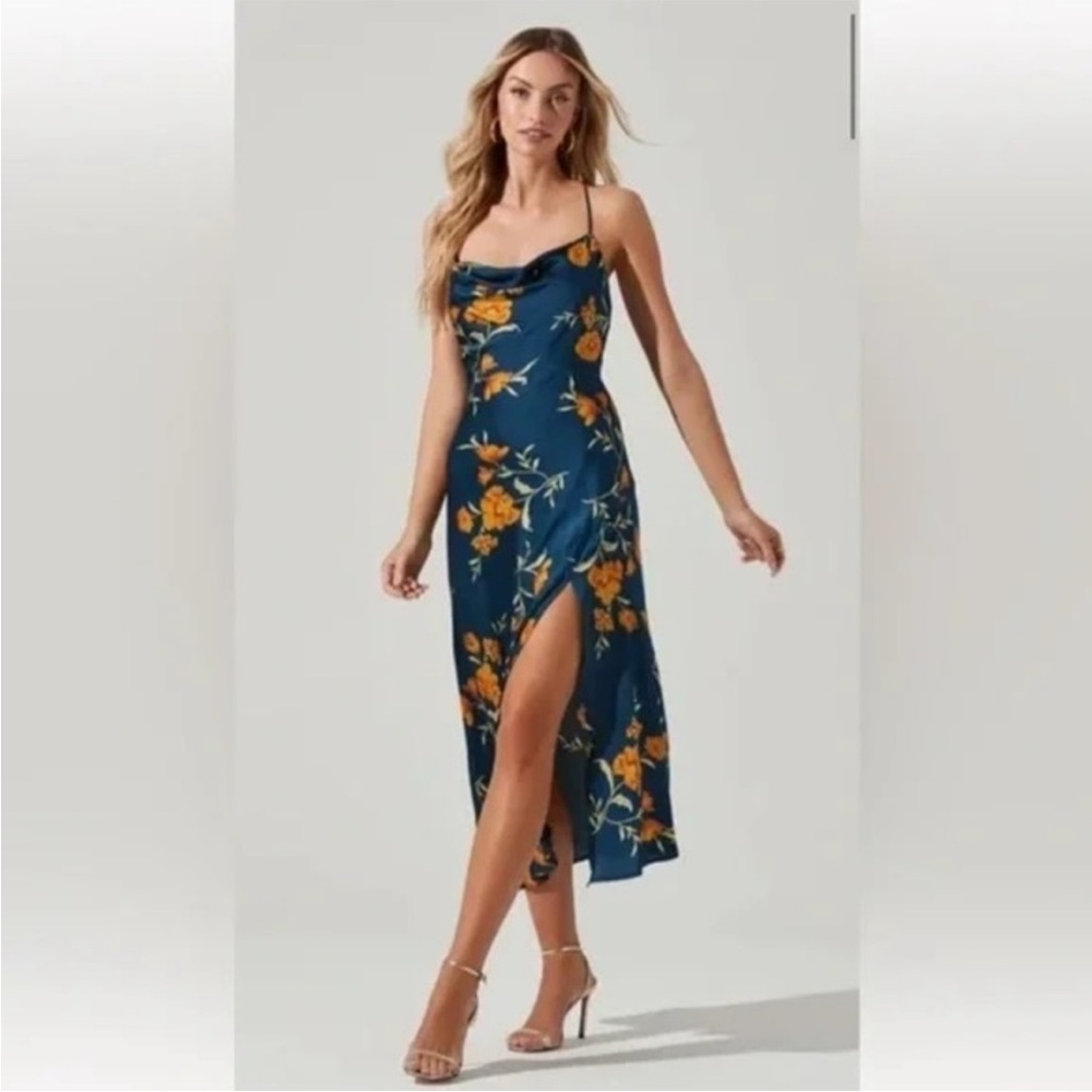 Astr Navy and Orange Floral Midi Dress
